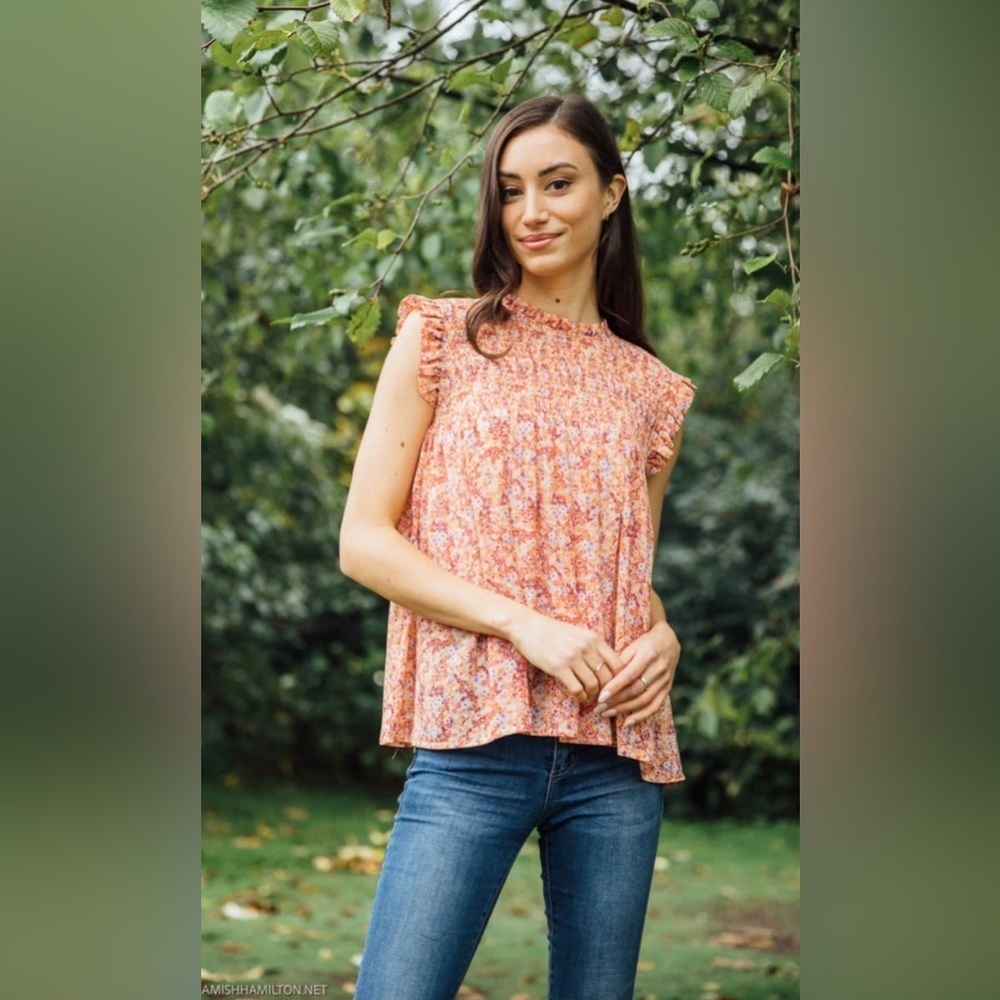 NWT Papillon Blouse Ditsy floral ruffle sleeves smocked chest XXL